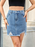 Distressed Raw Hem Denim Skirt - Trendsi - Flyclothing LLC