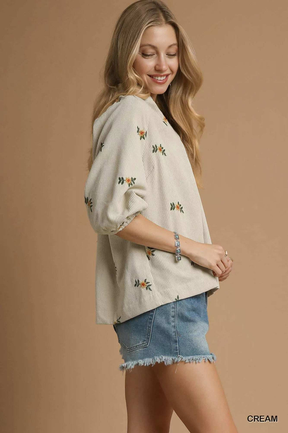 Umgee Corduroy Floral Embroidered Puff Sleeve Blouse - Trendsi - Flyclothing LLC