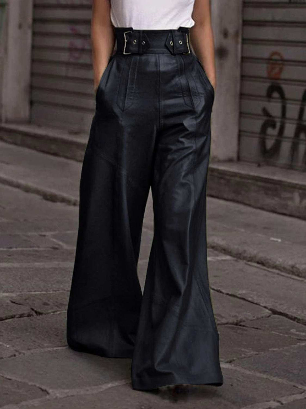 Half Elastic Waist Wide Leg Pants - Trendsi - Flyclothing LLC