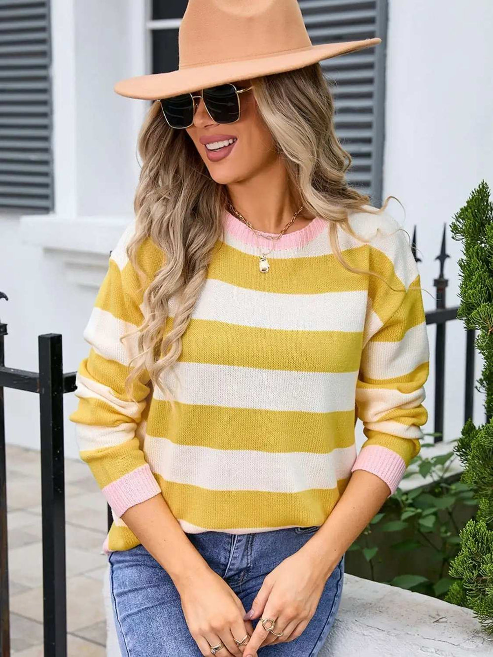 Striped Round Neck Dropped Shoulder Sweater - Trendsi - Flyclothing LLC