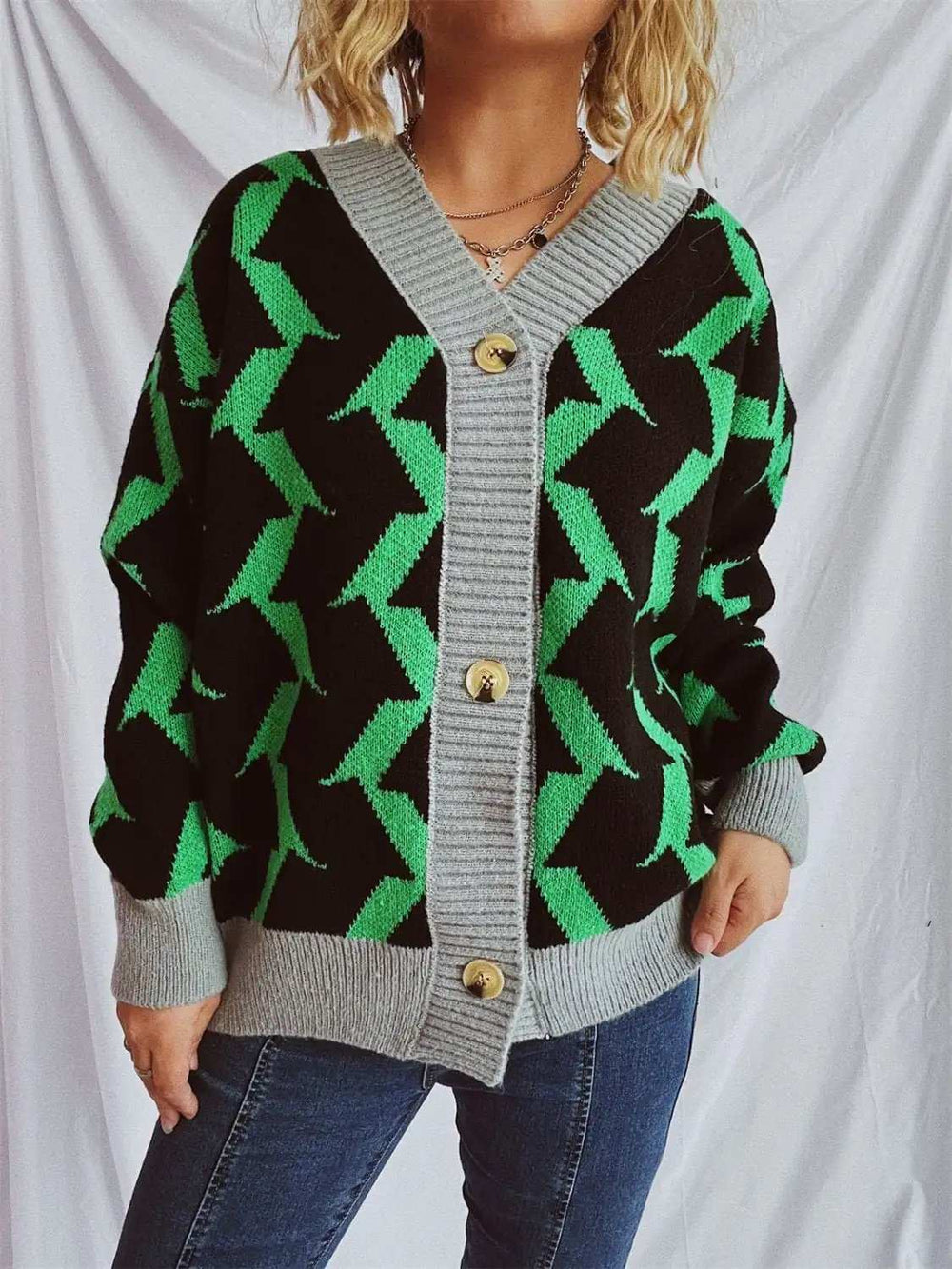 Contrast Trim Geometric V-Neck Long Sleeve Cardigan - Trendsi - Flyclothing LLC