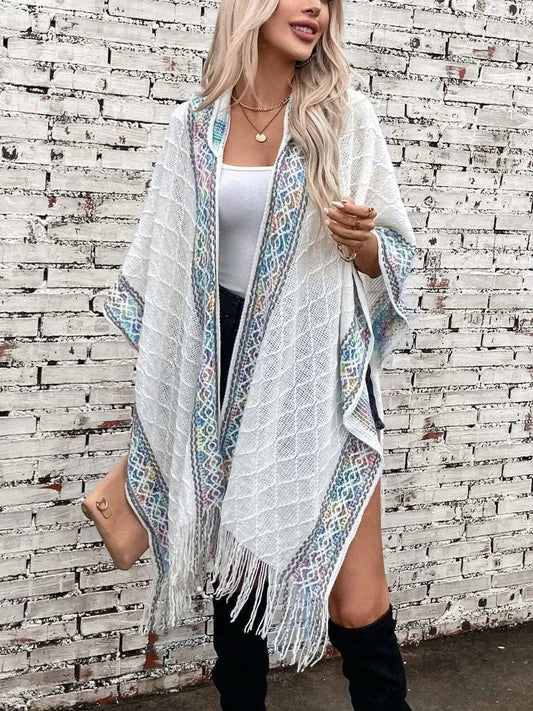 Fringe Half Sleeve Hooded Poncho - Trendsi - Flyclothing LLC