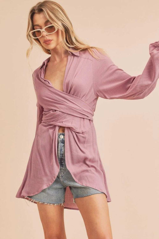 Aemi + Co Tied Collared Neck Long Sleeve Top - Trendsi - Flyclothing LLC