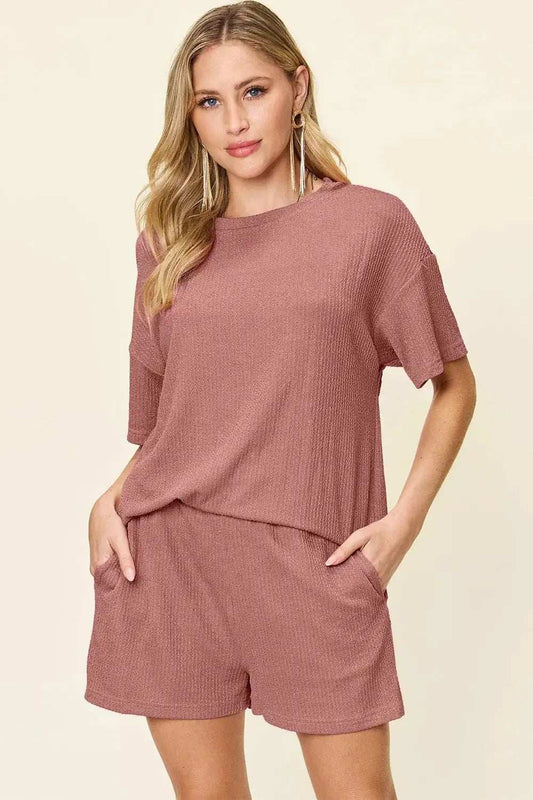 Double Take Full Size Round Neck Short Sleeve T-Shirt and Shorts Set - Trendsi - Flyclothing LLC