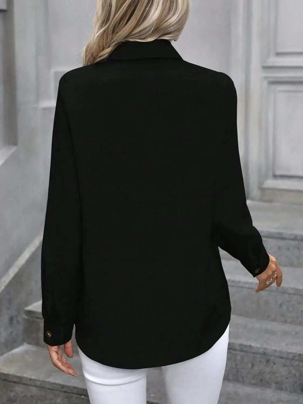 Button Up Collared Neck Long Sleeve Shirt - Trendsi - Flyclothing LLC