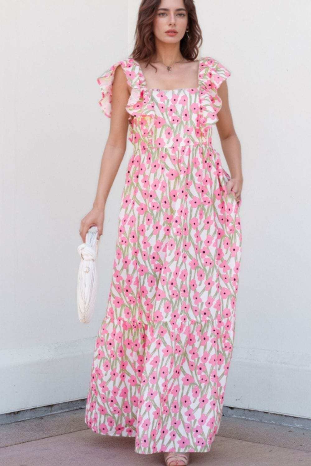 Floral Print Square Neck Ruffled Cap Sleeve Maxi Dress - Trendsi - Flyclothing LLC