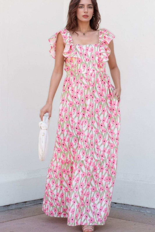 Floral Print Square Neck Ruffled Cap Sleeve Maxi Dress - Trendsi - Flyclothing LLC