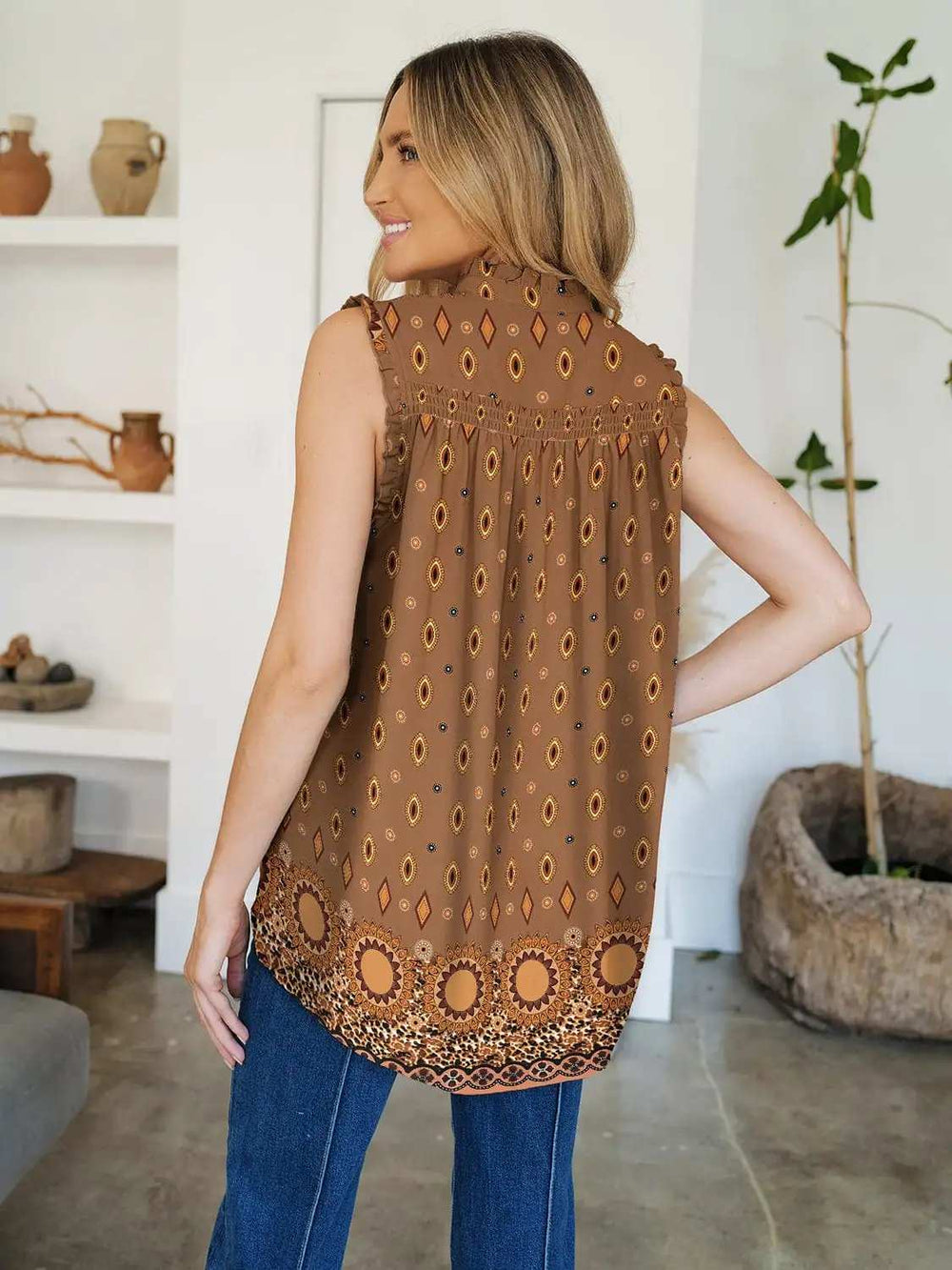 Frill Printed Mock Neck Top - Trendsi - Flyclothing LLC