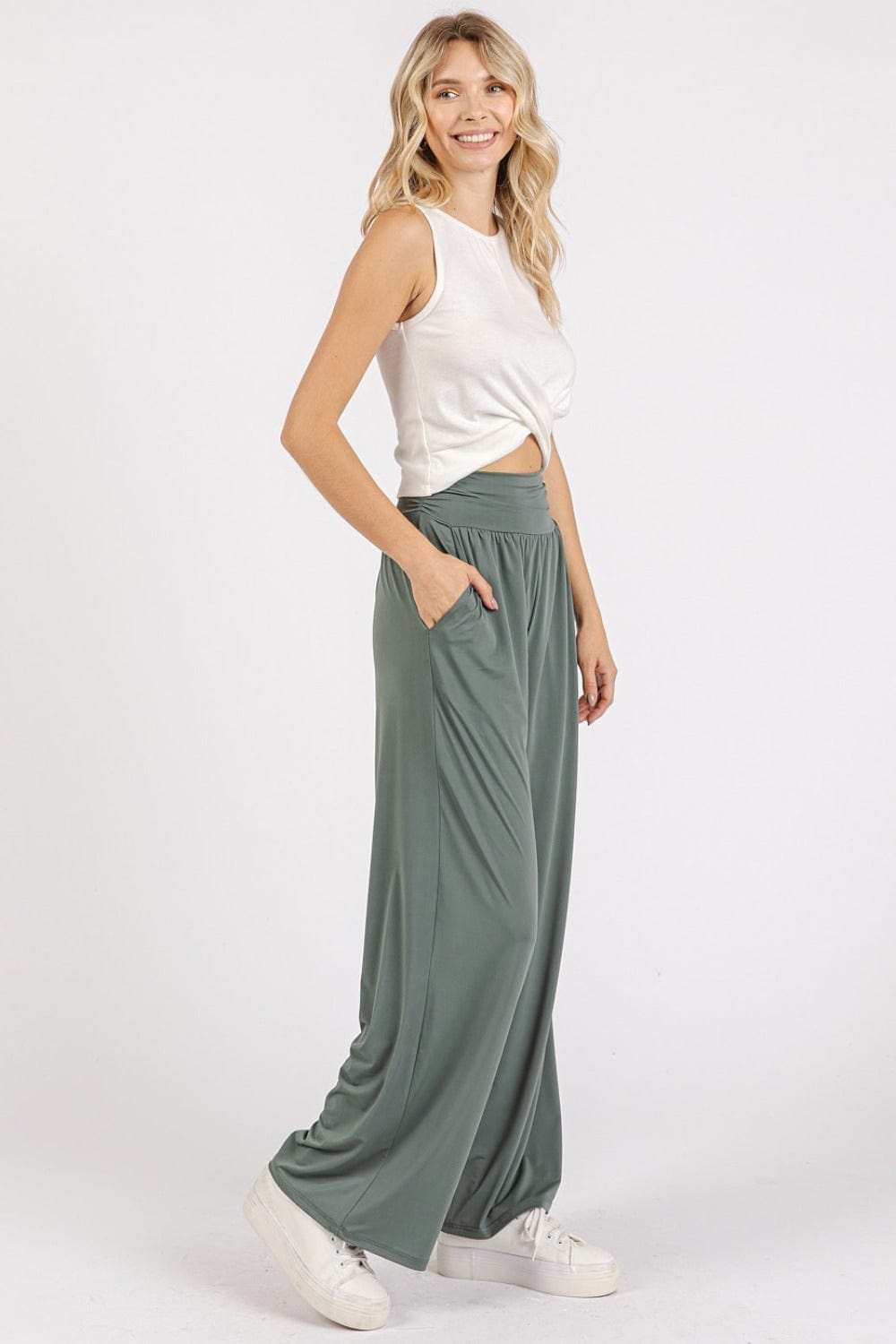Mittoshop Stretch Banded Waist Wide Leg Pants with Pockets - Trendsi - Flyclothing LLC