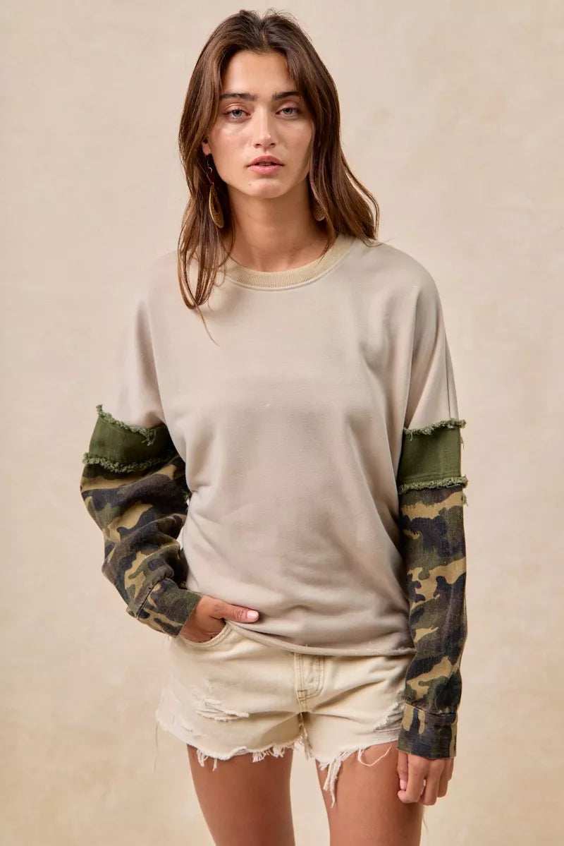 BiBi Camo Sleeve French Terry Top with Frayed Edge - Trendsi - Flyclothing LLC