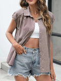 Plaid Button Up Cap Sleeve Shirt - Trendsi - Flyclothing LLC