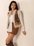 Embroidered Fuzzy Trim Open Front Vest Coat - Trendsi - Flyclothing LLC