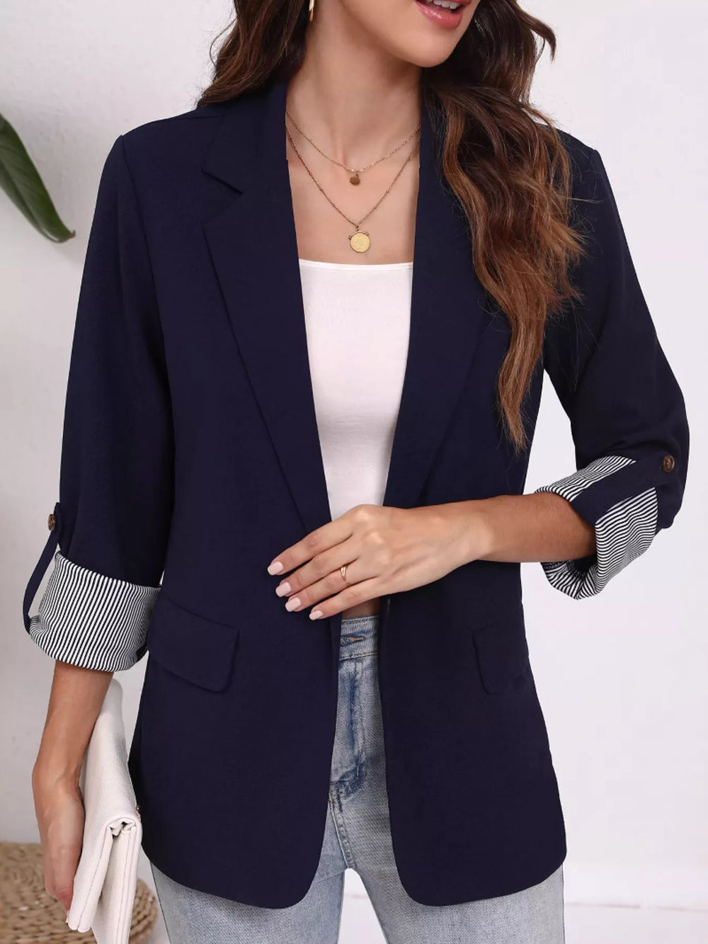 Lapel Collar Roll-Up Sleeve Blazer - Trendsi - Flyclothing LLC
