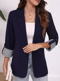 Lapel Collar Roll-Up Sleeve Blazer - Trendsi - Flyclothing LLC