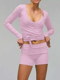 Long Sleeve Fitted T-Shirt and Shorts Set - Trendsi - Flyclothing LLC
