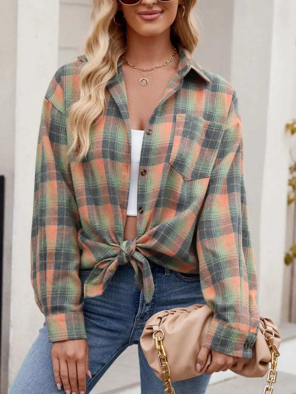 Plaid Collared Neck Long Sleeve Shirt - Trendsi - Flyclothing LLC