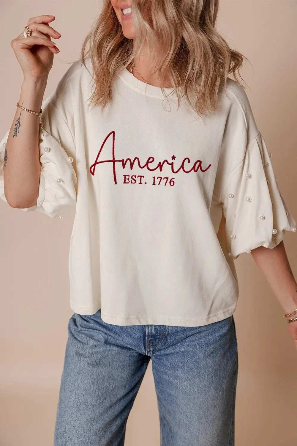 AMERICA EST 1776 Embroidered Pearl Beaded Sleeve T Shirt - Trendsi - Flyclothing LLC