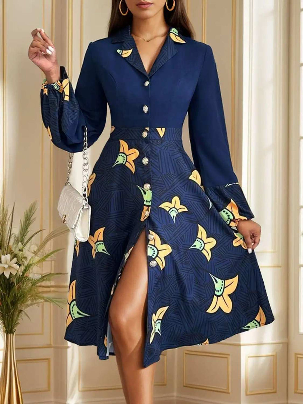 Printed Collared Neck Long Sleeve Dress - Trendsi - Flyclothing LLC