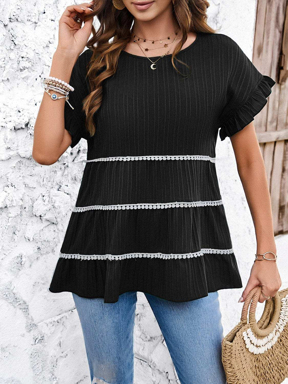 Round Neck Flounce Sleeve Blouse - Trendsi - Flyclothing LLC