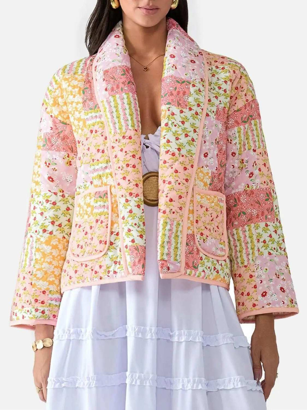 Printed Patchwork Open Front Cardigan with Pockets - Trendsi - Flyclothing LLC
