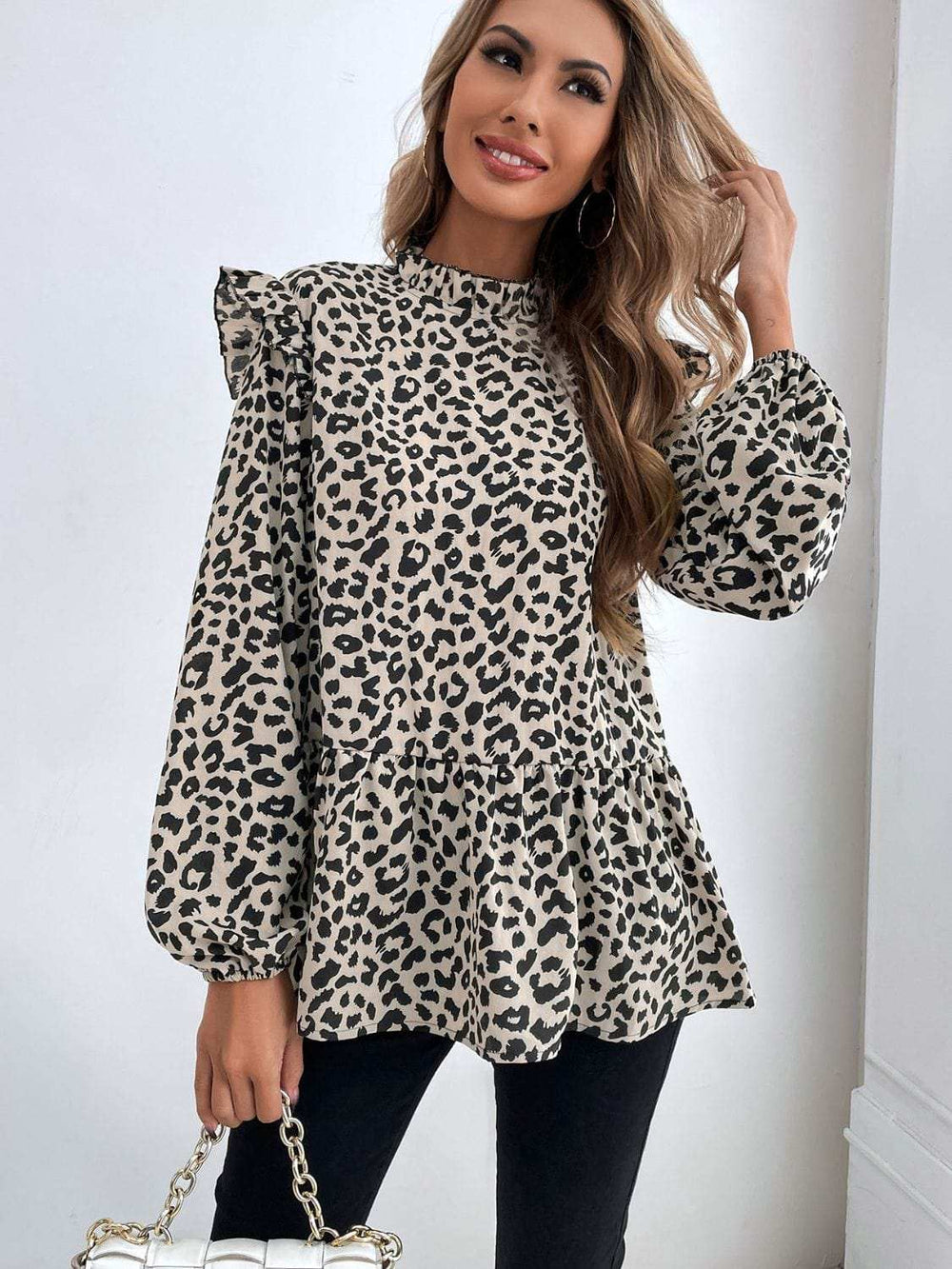 Ruffled Leopard Mock Neck Long Sleeve Blouse - Trendsi - Flyclothing LLC