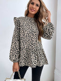 Ruffled Leopard Mock Neck Long Sleeve Blouse - Trendsi - Flyclothing LLC