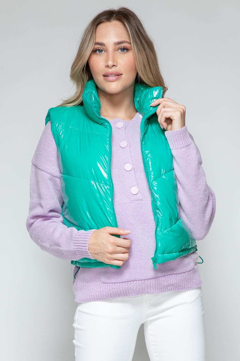 Snobbish Zip Up Turtleneck Shiny Quilted Vest - Trendsi - Flyclothing LLC