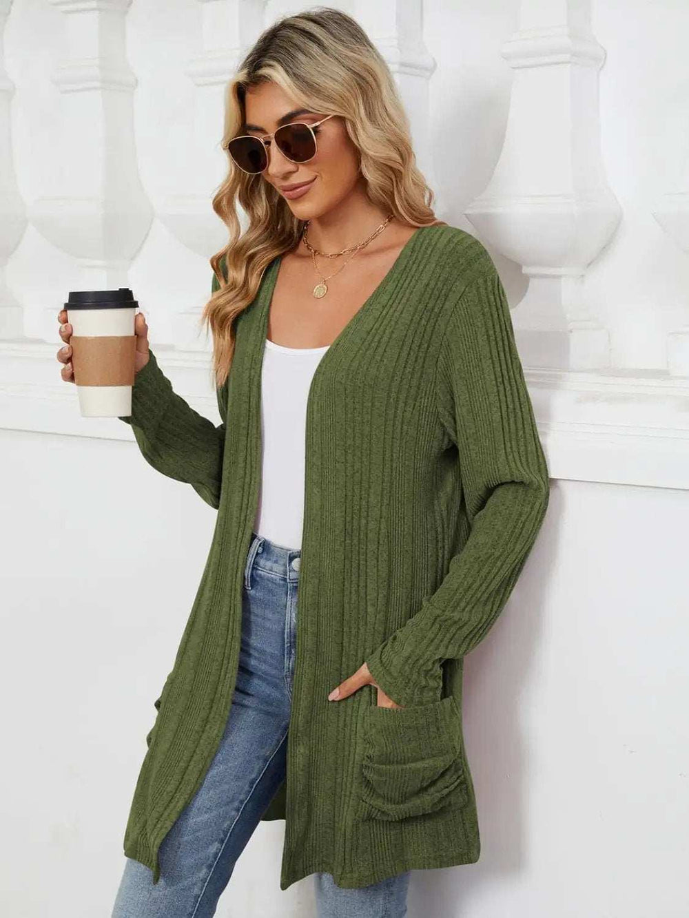 Pocketed Open Front Long Sleeve Cardigan - Trendsi - Flyclothing LLC