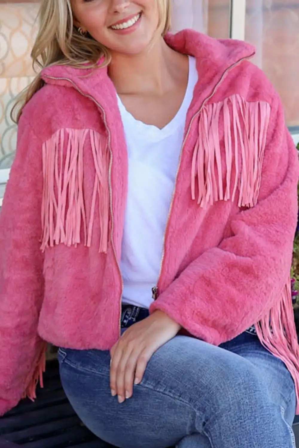 Fringed Zip Up Fleece Jacket - Trendsi - Flyclothing LLC