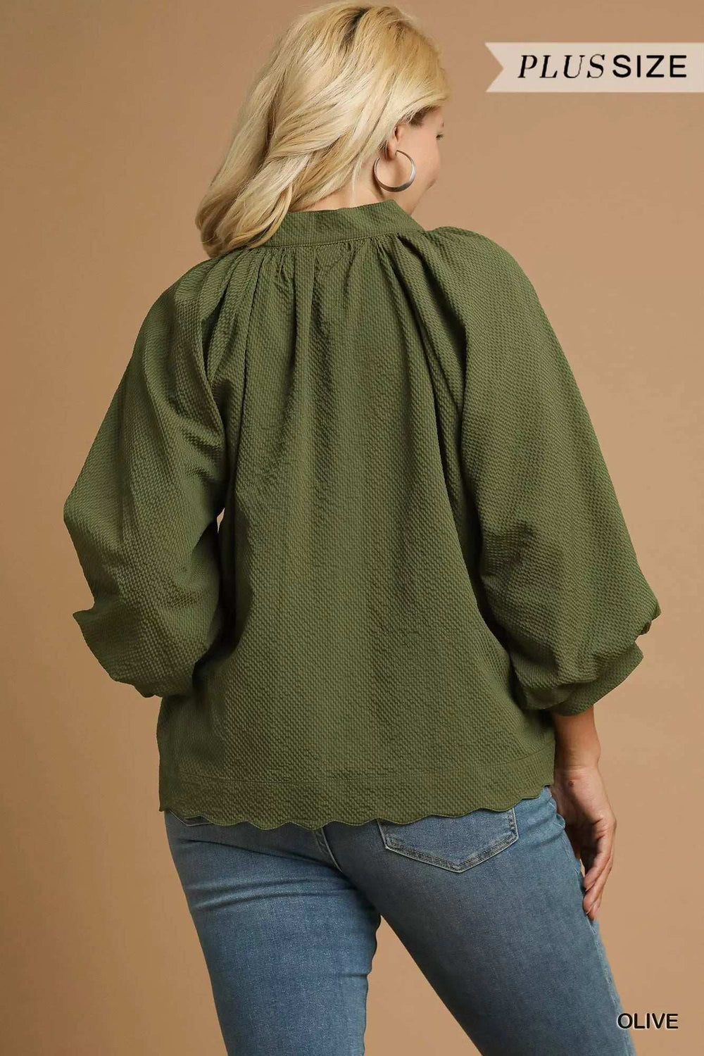 Umgee Full Size Textured Notched Balloon Sleeve Blouse Plus Size - Trendsi - Flyclothing LLC