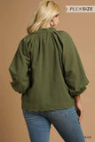 Umgee Full Size Textured Notched Balloon Sleeve Blouse Plus Size - Trendsi - Flyclothing LLC