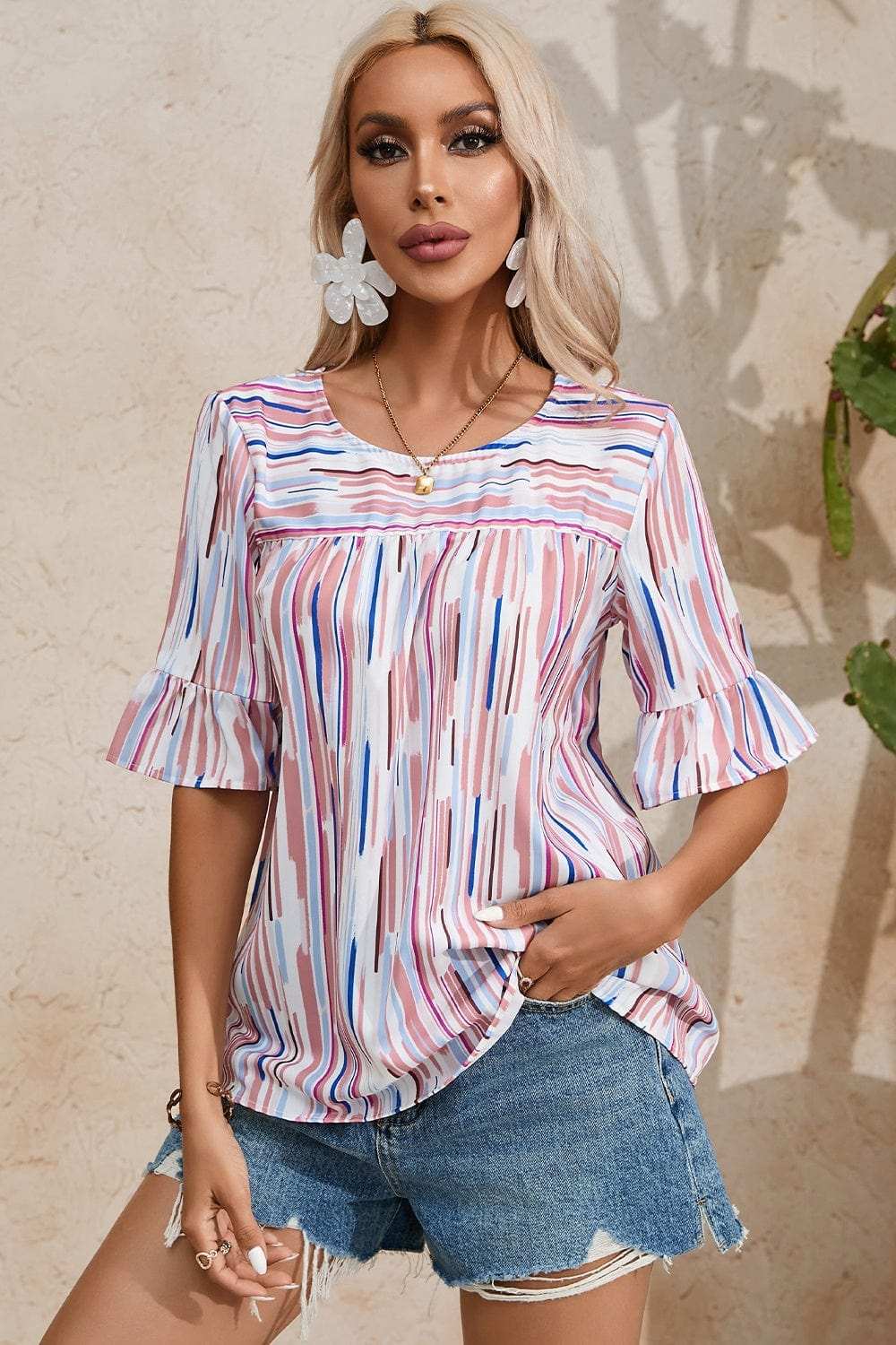 Printed Round Neck Flounce Sleeve Blouse - Trendsi - Flyclothing LLC