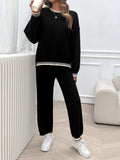 Round Neck Dropped Shoulder Top and Pants Sweater Set - Trendsi - Flyclothing LLC