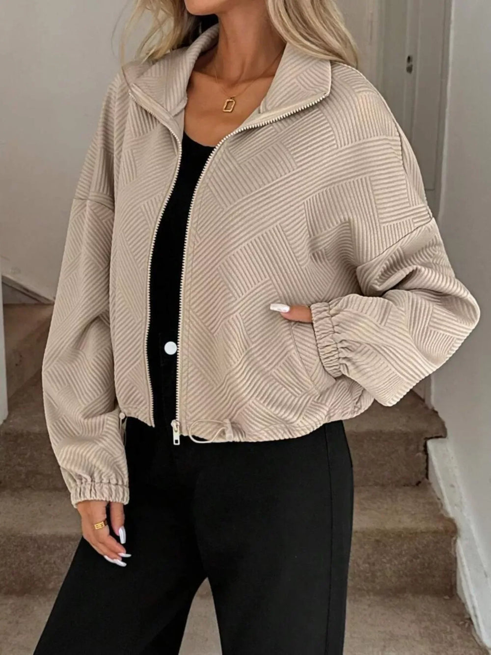 Textured Zip-Up Drawstring Hem Jacket - Trendsi - Flyclothing LLC