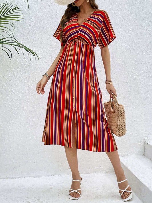 Slit Striped V-Neck Short Sleeve Midi Dress - Trendsi - Flyclothing LLC