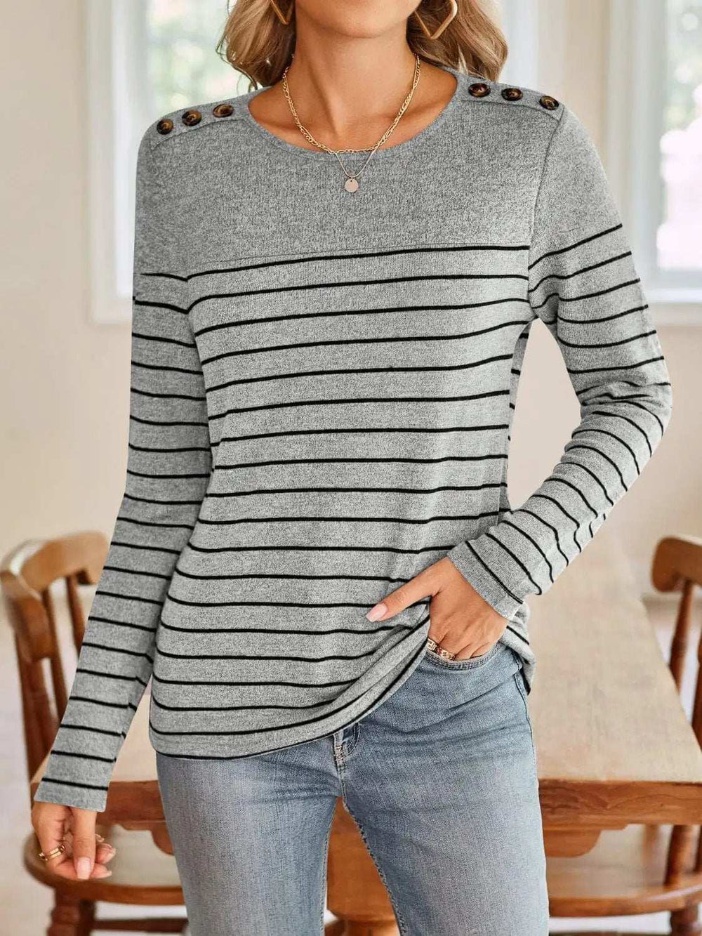 Lovelet Striped Round Neck Long Sleeve T-Shirt - Trendsi - Flyclothing LLC