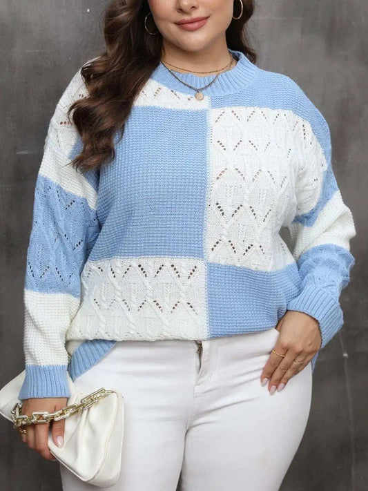 Plus Size Openwork Color Block Long Sleeve Sweater - Trendsi - Flyclothing LLC
