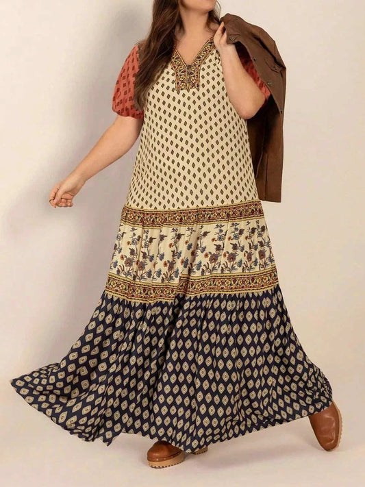 Plus Size Ruched Printed Short Sleeve Midi Dress - Trendsi - Flyclothing LLC