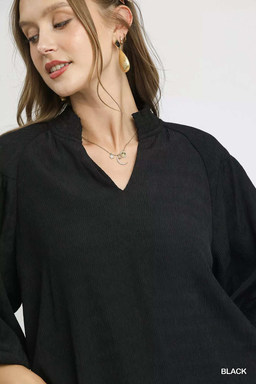 Umgee Textured V-Neck Blouse with Balloon Sleeves - Trendsi - Flyclothing LLC