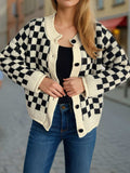 Checkered Button Up Round Neck Cardigan - Trendsi - Flyclothing LLC