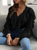 Full Size Ruffled V-Neck Button Down Flounce Sleeve Blouse - Trendsi - Flyclothing LLC