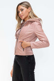 Snobbish Faux Leather Zip Up Drawstring Hooded Jacket - Trendsi - Flyclothing LLC