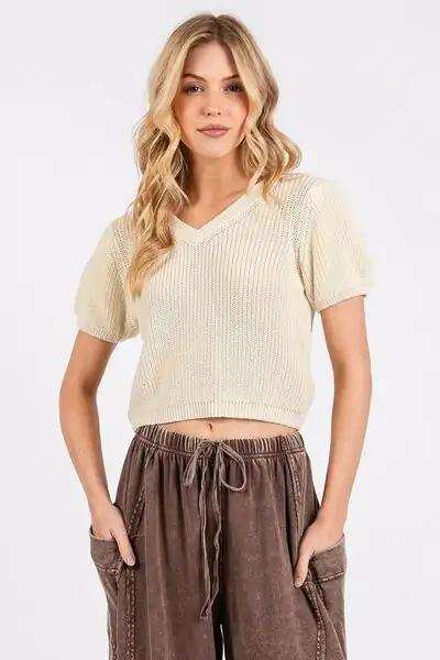 Mittoshop V-Neck Short Sleeve Crop Sweater - Trendsi - Flyclothing LLC