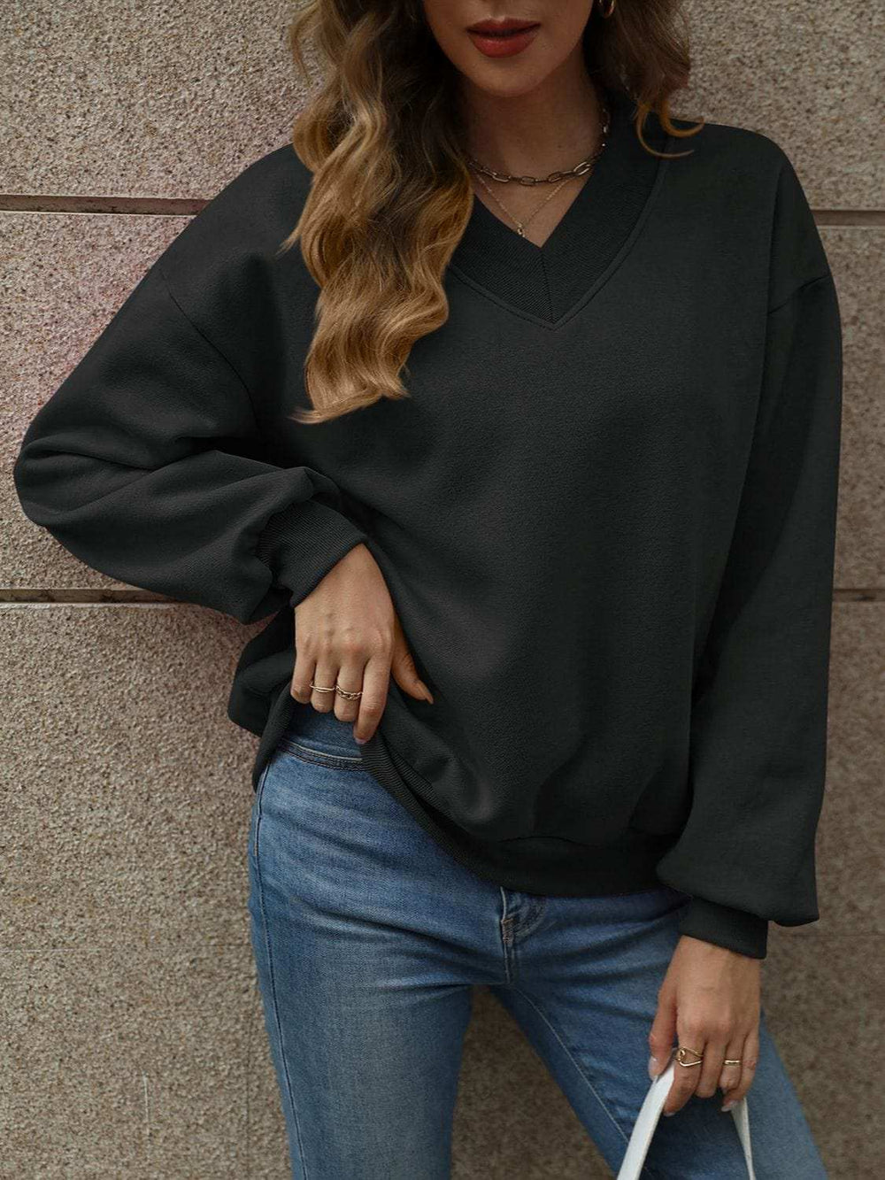 V-Neck Long Sleeve Dropped Shoulder Sweatshirt - Trendsi - Flyclothing LLC