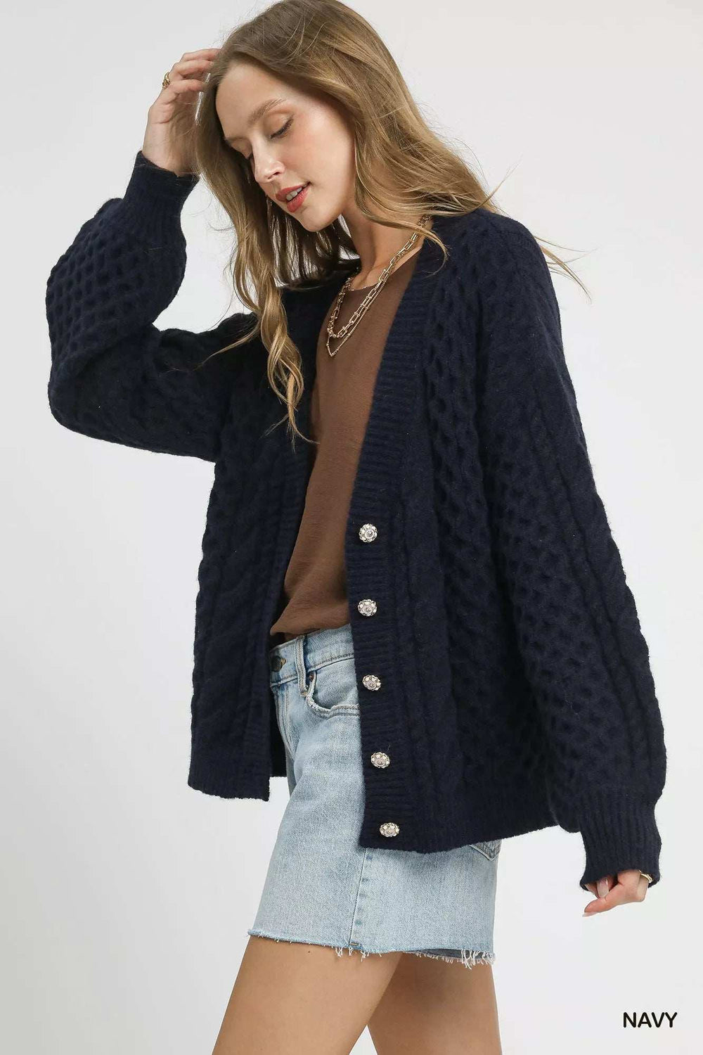 Umgee Cable Knit Pearl Button Cardigan - Trendsi - Flyclothing LLC