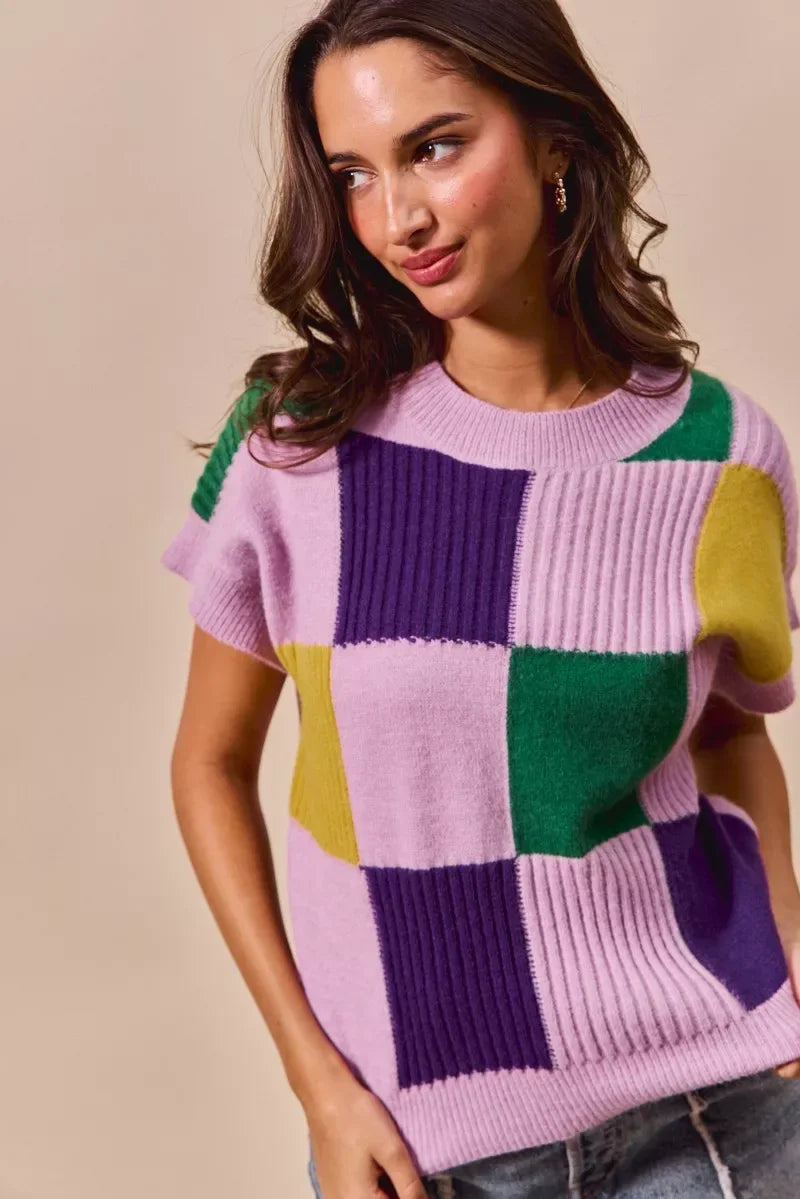 SO ME Mardi Gras Check Plaid Casual Sweater Top - Trendsi - Flyclothing LLC