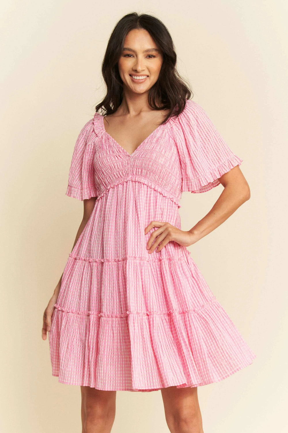 Davi & Dani Jacquard Checker Smocking Tiered Dress - Trendsi - Flyclothing LLC