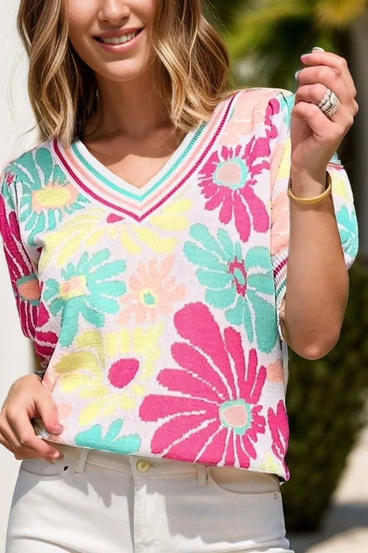 Flower V-Neck Puff Sleeve Sweater - Trendsi - Flyclothing LLC