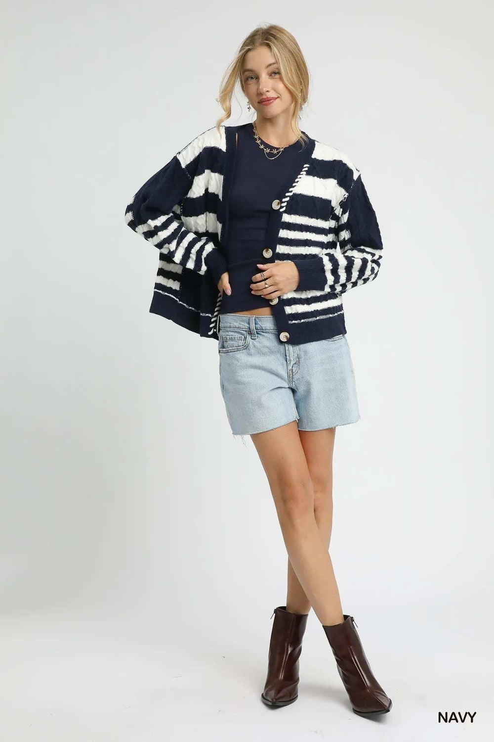 Umgee Cable-Knit Stripe Button-Up Cardigan - Trendsi - Flyclothing LLC
