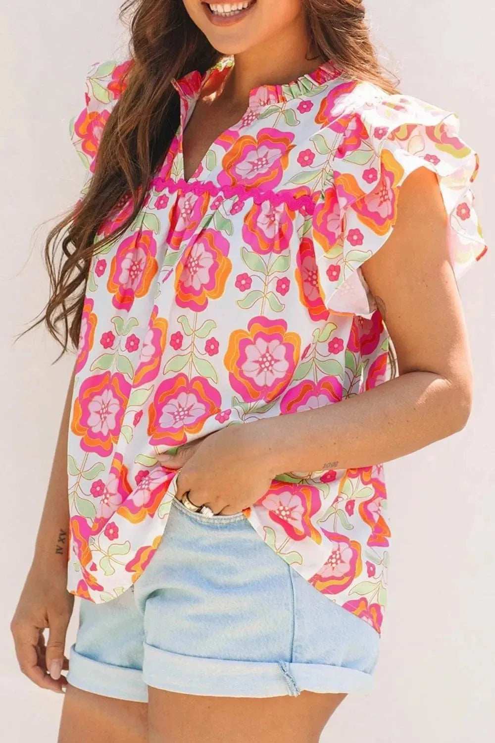 Floral Ruffled Sleeve Ric-Rac Trim Split Neck Loose Blouse - Trendsi - Flyclothing LLC